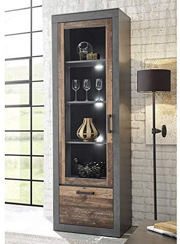 Lomadox Wohnzimmer-Vitrine Standvitrine Vitrinenschrank im Industrial Design in Old Mix Dekor mit Matera grau, mit LED-Beleuchtung, B/H/T ca.: 65/201/40 cm