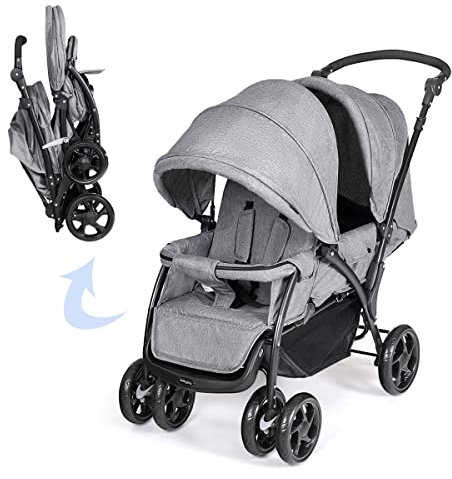 COSTWAY Double Seat Pushchair, Foldable Twin Tandem Stroller with Adjustable Backrest, Push Handle & Footrest, 5 Points Safety Belts, Sunshade & Storage Basket, for from Birth to 15kg (Grey)