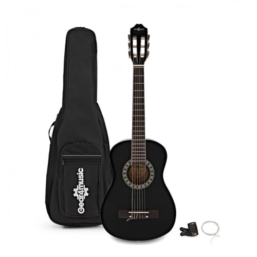 Junior 1/2 Classical Guitar Pack, Black, by Gear4music | For young beginners, soft nylon strings gentle on small hands, robust build, guitar bag/tuner/strings included