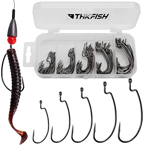 THKFISH 50stk/Box Offset Wurm Haken Angelhaken Set Dropshot Haken Set Gummifisch Jigs Angeln Kit # 2# 1 1/0 2/0 3/0