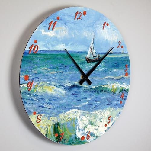 Giallobus - Orologio Linea Basic - Vincent Van Gogh - Il mare a Les Saintes Maries - Legno Mdf - Basic 30x30 - Meccanismo silenzioso - Pronto da appendere - Orologi moderni
