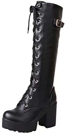 Minetom Bottes Femme PU Cuir Bottes À Lacets Gothiques Punks Boots Automne Hiver Talon Bloc Plateforme Bottes Hautes Chaussure A Noir 37 EU