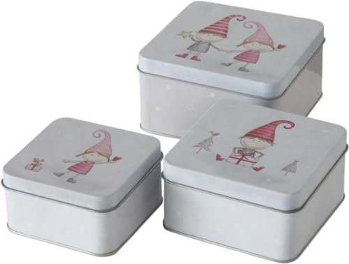 CasaJame 3er Set Metall Keksdose Plätzchendose eckig Wichtel Kinder sortiert 9-12cm