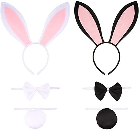 Lot de 2 Ensemble Déguisement de Lapin Serre-tête d`oreille de lapin+Cravate en forme de nœud papillon + Queue en Peluche Costume Enfant Adulte pour Cosplay Fête Carnaval Halloween Anniversaire