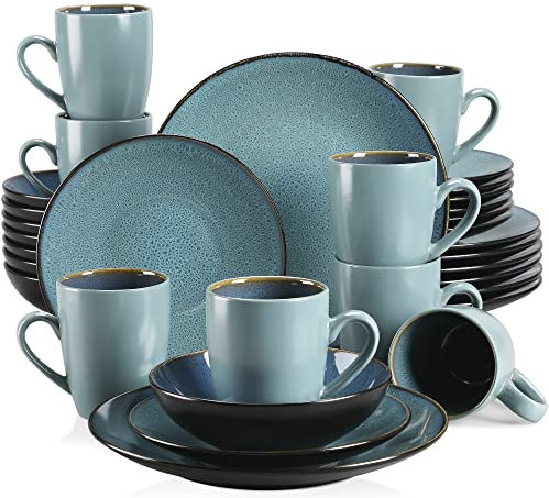 vancasso serie Bubble Vajillas Completas de 32 piezas Vajilla de Gres de Doble Esmalte -8 Tazas, Cuencos, Platos de Postre y Platos Llanos -para 8 Personas- Verde