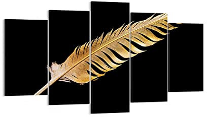 Wandbilder Dekoration Wohnzimmer Golden Feder Schwarz Mehrteilige Bilder auf Leinwand 160x85cm Leinwandbild Schlafzimmer Set 5 teilige Wand Kunstdruck Art Groß XXL Wanddeko Bild Canvas EA160x85-4887