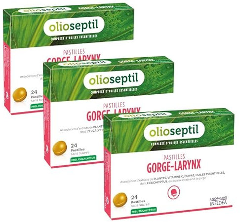 Olioseptil - Pastilles à Sucer Gorge-Larynx - Sans Sucres Ajoutés - Extraits de Plantes, Vitamine C, Cuivre et Huiles Essentielles - Apaise et Assainit la Gorge - Goût Miel Eucalyptus - Lot de 3