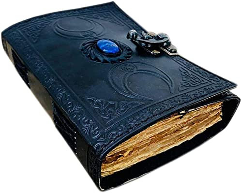 LAKECITY LEATHER CRAFT Handgefertigtes Leder-Tagebuch, Lapis-Stein, Kristall, schwarz, dreifacher Mond, Buch der Schatten, antikes Büttenrandpapier, Skizzenbuch, blanko Zauberbuch, heilige Geometrie