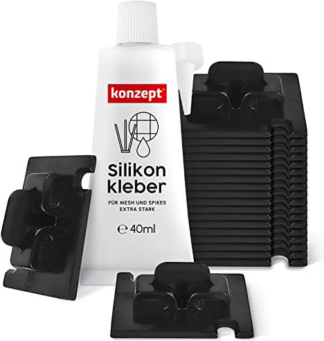 KONZEPT 20 Stück Klebehaken mit Montagekleber 30ml, extra stark, für Katzennetz Balkon – ohne Bohren, schwarz, wetterfest, einfache und schnelle Montage
