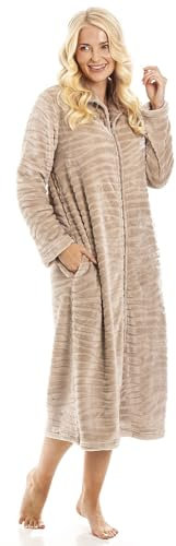 Camille Supersoft Ladies Housecoat With Easy Zip-Up Front Fastening And Side Pockets In Animal Print - Long-Length Womens Dressing Gowns With Turn-Over Collar - Beige Zebra 10-12
