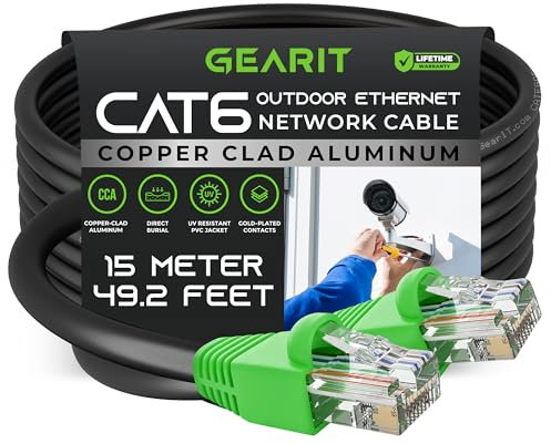 GearIT Cat6 Outdoor Ethernet Cable (15 Meters) CCA Copper Clad, Waterproof, Direct Burial, In-Ground, UV Jacket, POE, Network, Internet, Cat 6, Cat6 Cable - 15m