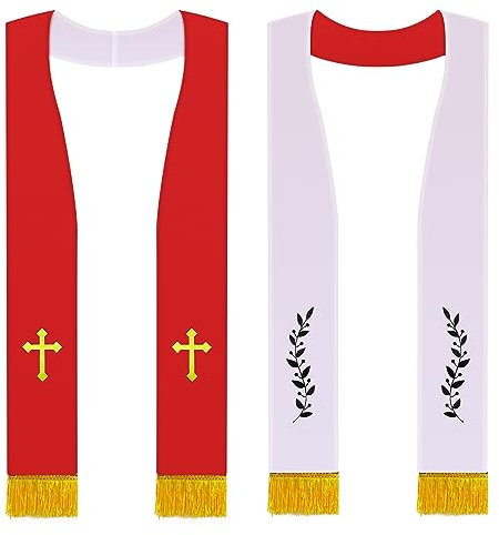 Panitay Bestickte Hochzeit Reversible Stola mit Quasten Klerus Mass Stola mit Kreuz Hochzeit Pastor Stola, Rot und weiß, Einheitsgröße