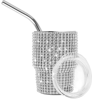 INSTOME Bling Mini Tumbler Schnapsglas, 85 ml, Diamantbecher, Schnapsglas mit Strohhalm, Glitzer, kleines Schnapsglas zum Servieren von Spirituosen, Reisen, Camping (1 Stück) (Silber)
