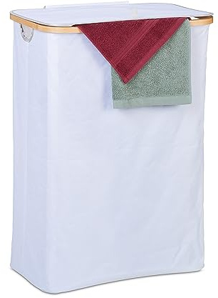 Relaxdays Wäschekorb mit Deckel, 105 l, Wäschesammler, Bambus & Polyester, faltbar, tragbar, Wäschekiste, weiß/Natur