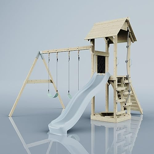 Rebo Spielturm mit Wellenrutsche und Kinder-Schaukel, Outdoor Klettergerüst Garten,Eisblau