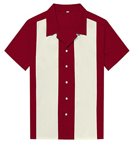 Anchor MSJ Men's 50s Male Clothing Cotton Men Shirts Short Sleeve Vintage Bowling Button-Down Shirts Maroon XL