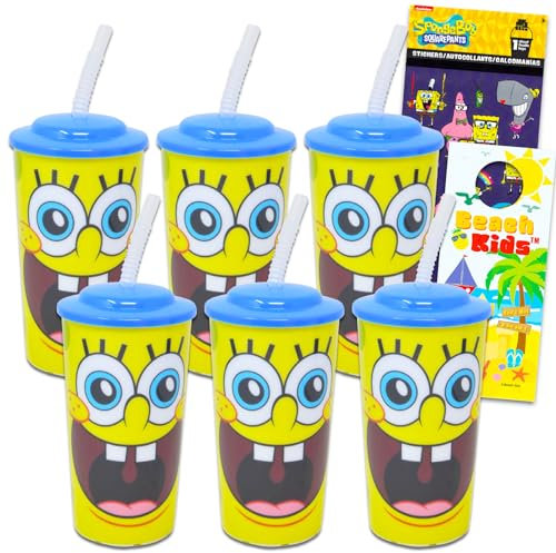 Spongebob Schwammkopf für Kinder, wiederverwendbar, 473 ml, Spongebob-Partyzubehör, 6-teiliges Set mit 473 ml Becher mit Deckel und Strohhalm plus Aufklebern für Jungen, Mädchen, Spongebob-Becher mit