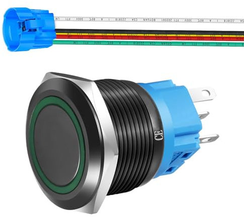 Gebildet Bouton-Poussoir Momentané en Acier Inoxydable 22mm 110V-220V LED 1NO1NC SPDT on Off Bouton Etanche avec Prise de Fil (LED vert et Coque Noire)