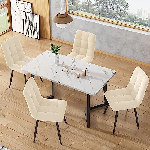 KUAKE Table à manger rectangulaire moderne avec 4 chaises - 117 x 68 cm - Pieds noirs - Beige