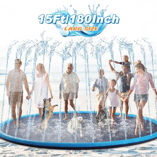 Lewtemi 15 ft Extra Large Non Slip Splash Pad 180 for Adult and Dog Giant Outdoor Thicken Sprinkler Pool Summer Toys Fun Backyard Play Fountain Mat for Pet Dog Family(Classic Style)