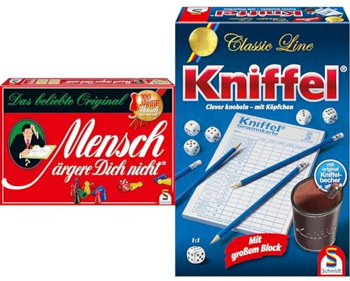 Schmidt Spiele 49021 Mensch ärgere Dich Nicht, Standardausgabe, Würfelspiel & 49203 Kniffel, Classic Line, mit großem Block, mit original Kniffelbecher
