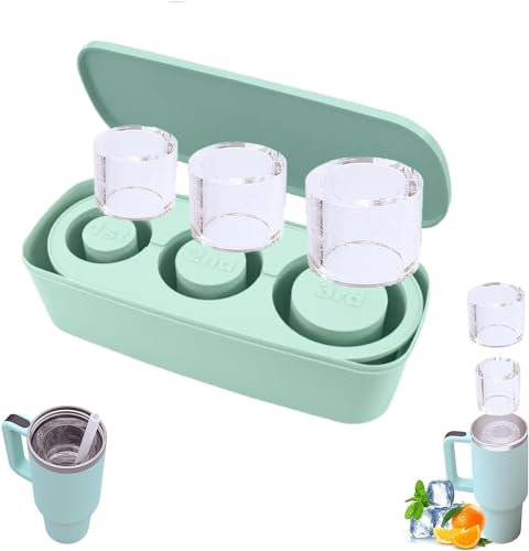 Ice Cube Tray for 30-40 Oz Stanley Cups,Silicone Ice Mold with Lid for Freezer,3 Empty Heart Cylinder Ice Cube Maker for Chilling Cocktails,Whiskey,Drinks,Coffee (Green)