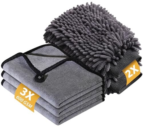 KEYAYE 5 Pcs Car Washing Kit with 3x Microfibre Cleaning Cloth and 2er Microfibre Wash Mitt, Dual-Sided Ultra Soft Drying Towels and Gloves for Car Care, Polishing, 600GSM, 40x30cm