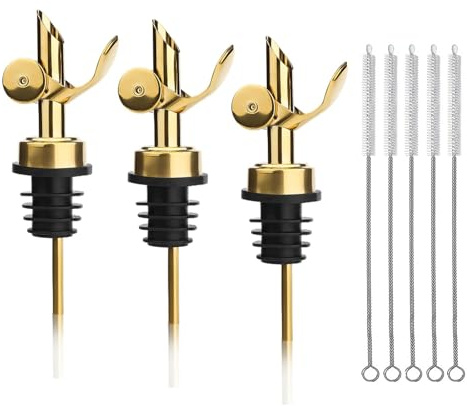 HAPPOW 3er Pack Selbstschließender Ausgießer Edelstahl in Gold, Flaschenausgießer für präzises Ausgießen von Alkohol, Olivenöl und Essig mit Reinigungsbürsten