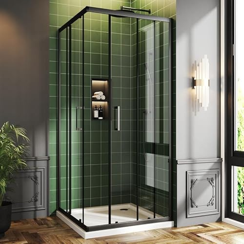 Foskbaths Corner Shower Enclosure 36 x 36 x 72 inch Cornerview Glass Shower Door Double Sliding Framed Shower Door 1/4 Tempered Glass with Explosion-Proof Film Black(Shower Base Not Included)