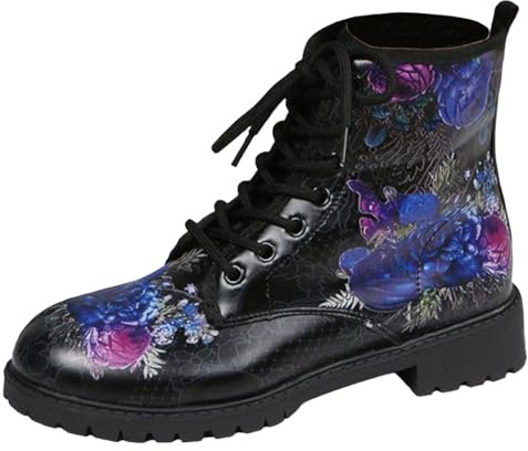Ulalaza Damenstiefel mit runder Zehenpartie und Blockabsatz, Gothic-Plateau-Stiefeletten, Schnürstiefeletten, Punk-Motorradstiefel, mehrfarbig bedruckt, kurze Lederstiefel