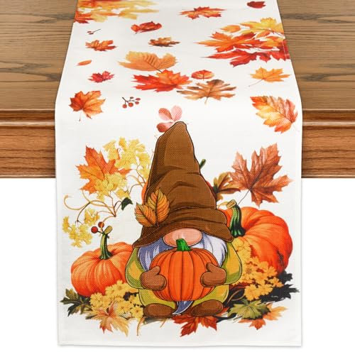 BOOMTOP Tischläufer Herbst Deko Tischdecke Herbst Tischdeko Blätter Zwerge Kürbis Ahornblätter Thanksgiving Erntedankfest Küche Esstisch Tisch Dekoration 33 x 180 cm