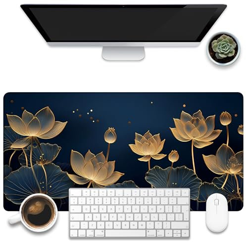 KOAIWPAE Schreibtischunterlage, luxuriöse goldene Lotus-Linie, Schreibtischunterlage, dunkelblauer Hintergrund, großes Gaming-Mauspad für den Schreibtisch, 80 x 39,9 cm, erweitertes großes