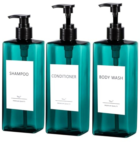 Shampoo and Conditioner Dispenser Set, 3Pack Refillable Shampoo and Conditioner Bottles with Labels, 500ml Soap Dispenser 16.9oz Shower Dispenser Square Pump Bottle for Bathroom and Kitchen - Sea Blue