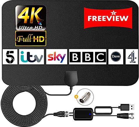 TV Aerial, Indoor TV Aerial for Smart TV with Signal Booster High Gain Freeview Outdoor Antenna for 4K 1080P HDTV & VHF UHF DAB Radio with 14.5Ft Coax Cable
