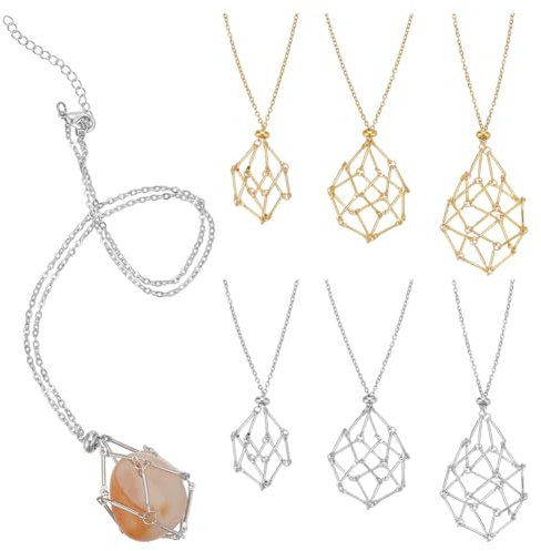 PH PandaHall 3 Taille Porte de Pierre Cristal 6pcs Support de Cage en Cristal Collier en Acier Inoxydable Support de Pierre Vide Support de Pendentif Cage pour Fête des Mères Collier Femmes, Or/Argent
