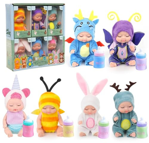 Fiotha Mini-Babypuppe, 6 Stück 3,5 Zoll Puppe und Kleidung Set, Mini Reborn Babypuppen, Babypuppen Zubehör Set, Mit 6 Flaschen, Realistische Bewegliche Babypuppe, für Mädchen Jungen Geburtstag