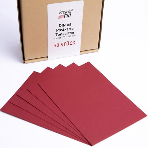 PresentFill® - blanko Postkarten Tonkarton Bordeaux Rot, Papier-Karten Set 50 Stück 210 g/m² -DIN A6-105 x 148 mm zum Selbstgestalten, beschriften oder bedrucken als Bastelkarton, Karteikarten