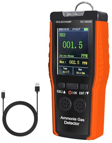 Ammoniak Gasdetektor, 0~100 PPM NH₃ Gas Monitor, Hochpräziser Sensor 9000B | Amoniak-Detektor misst Temperatur/Luftfeuchtigkeit geeignet für landwirtschaftliche Haushalte industrielle Fabriken GOLDCHAMP