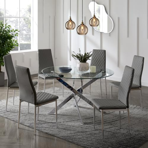 Round Glass Dining Set with Chrome Legs - Choice of 4 or 6 Grey Faux Leather Chairs (6 Seater)