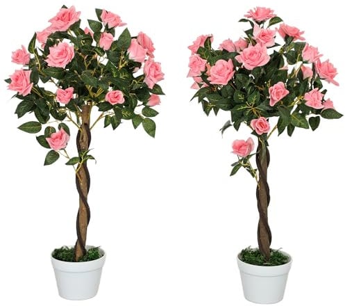 Outsunny Set of 2 90cm/3FT Artificial Rose Tree, Fake Decorative Plant with Pot, Indoor Outdoor Faux Decoration Home Office Decor, Pink