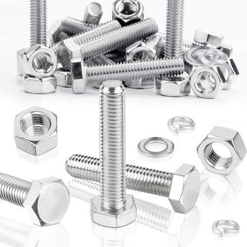 10 tornillos hexagonales M6 x 50, acero inoxidable, M6, tornillos para madera, tornillos hexagonales exteriores con arandelas, tuercas, anillos de resorte