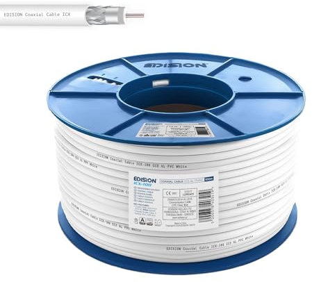 Edision ICX-100 Cable Coaxial 100m, Cable Antena TV Interior PVC Blanco, Acero Cobreado CCS/AL, 17VAtC, CPR Eca, Clase A, Cable Satélite, para DVB-S2, DVB-T/T2, DVB-C, RADIO, Bobina Plástico 100m