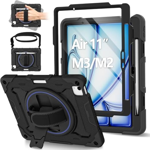 ROSROME for iPad Air 11 Inch Case 2025(M3)/2024(M2) with HD Screen Protector, Heavy Duty Full Body Shockproof Kids Cover with 360°Rotating Stand/Hand Strap/Shoulder Strap/Pencil Holder, Black