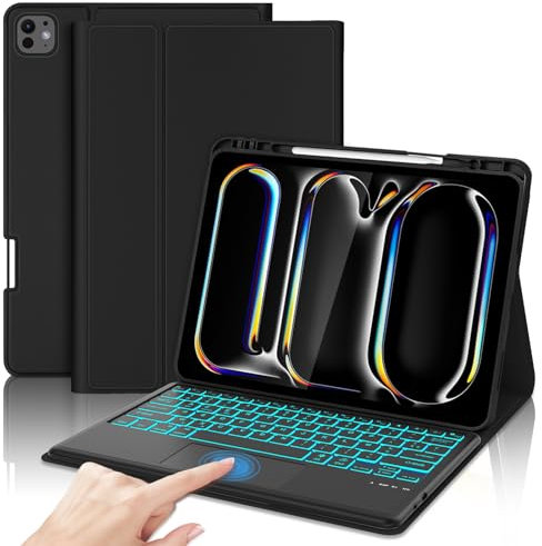 Coque Clavier pour iPad Pro 13'' (M4) 2024 - AZERTY Français Trackpad Clavier rétroéclairé 7 couleurs, Étui iPad Pro 13 Pouces avec Fente pour Stylo, Clavier Détachable sans Fil Bluetooth, Noir
