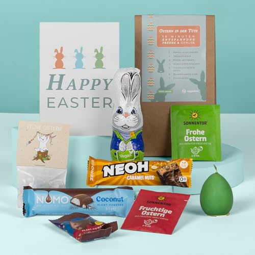 VEGAN BOX ® Ostergeschenk Set Ostern in der Tüte | Oster Geschenkset mit Tee, Schokolade, Marzipan uvm. | Geschenktüte zu Ostern