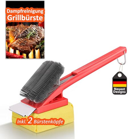 Grillbürste mit Dampfreinigung Kopf, Grill Bürste mit Edelstahl Brushborsten, Edelstahl Spatel und Extra Langer Wärmedämmung Griff, für Alle Grill | Rot
