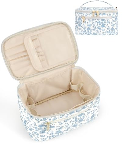 Wandering Nature Kosmetiktasche Damen Schminktasche Groß Reise Make Up Tasche mit Bürstenfach Organizer Kulturbeutel Gesteppt Tragbare Makeup Bag, Blaue Blume (Patent Angemeldet)