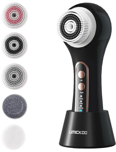 UMICKOO Electric Facial Cleansing Brush, 2-Way Rotating Face Scrubber for Daily & Deep Cleaning, 3 Modes, 5 Brush Heads, Rechargeable, IPX7 Waterproof for All Skin Types