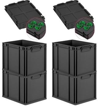 PROREGAL SuperSparSet 4x Eurobox NextGen Grip mit Auflagedeckel & 4 grünen Schiebeschnappverschlüssen, HxBxT 32x30x40cm, 30L, Schwarz, Griffe zu, Eurobehälter, Transportbox, Transportbehälter
