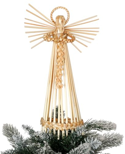 Gemscream Christmas Straw Angel Tree Topper Swedish Nordic Boho Straw Tree Topper 3.6 x 12 Inch Scandinavian Angel Ornaments Xmas Natural Decor for Office Home Indoor Desktop